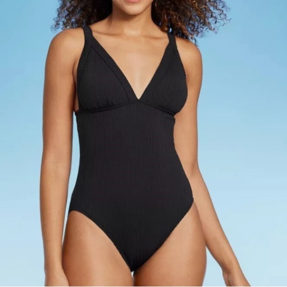 Shade & Shore Black Wide Strap Ribbed Triangle One Piece Swimsuit M/L/XL NEW